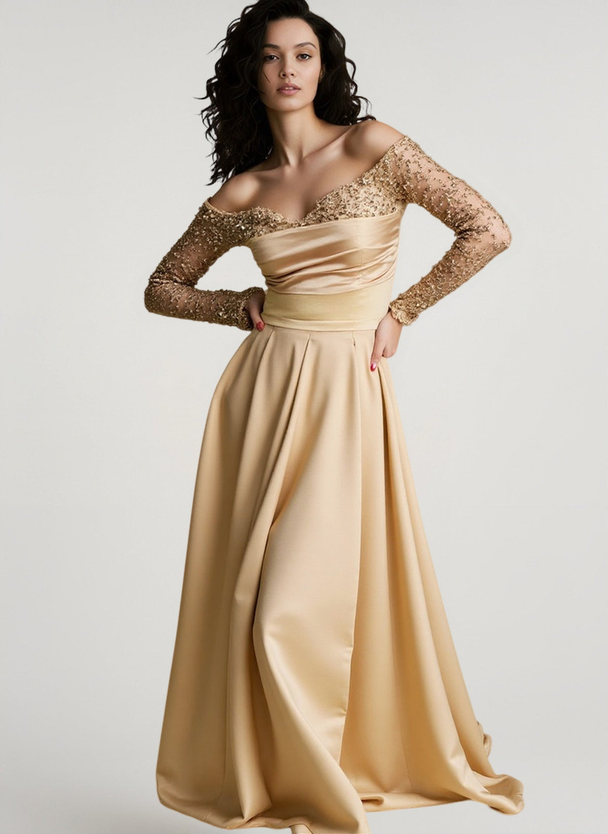 Sequin Off Shoulder Long Sleeve Pleated Satin A-Line Ball Gown