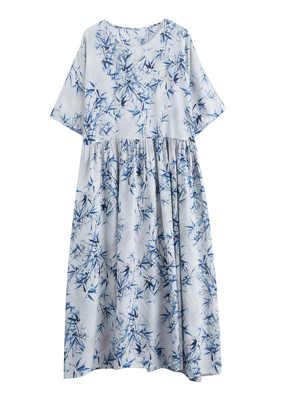 Bamboo Leaf Print Round Neck Empire Waist Pocket A-Line Midi Dress - View 5
