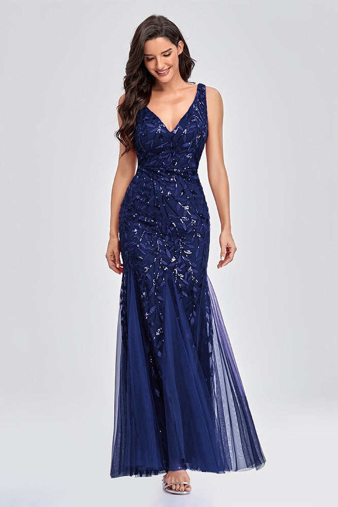 Sequin V-Neck Embroidered Mermaid Maxi Prom Dress - View 5