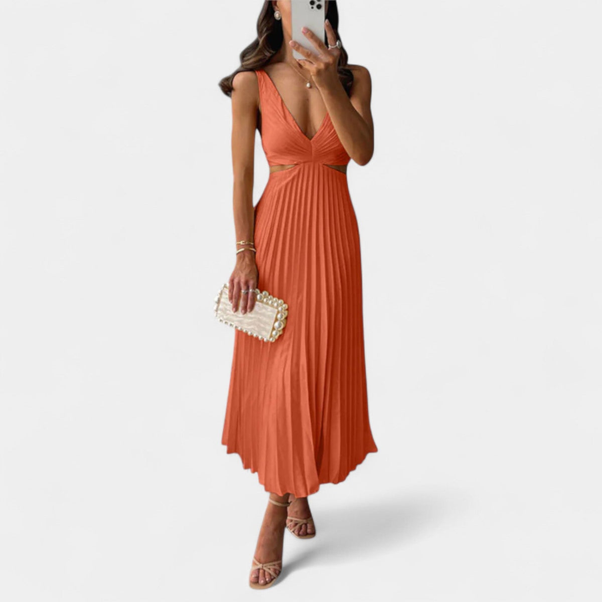 Pleated V-Neck Cut Out Sleeveless Midi Dress 9
