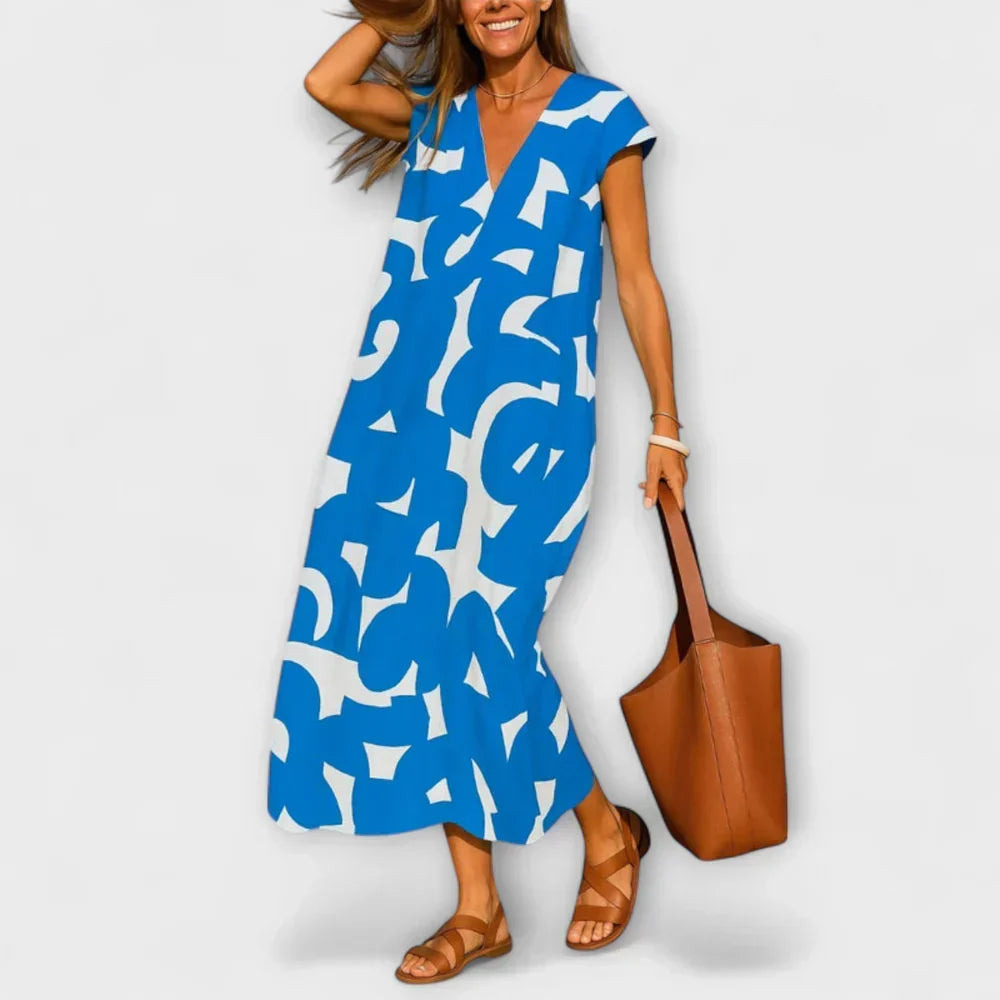 Geometric Print Deep V-Neck Cap Sleeve A-Line Midi Dress 3