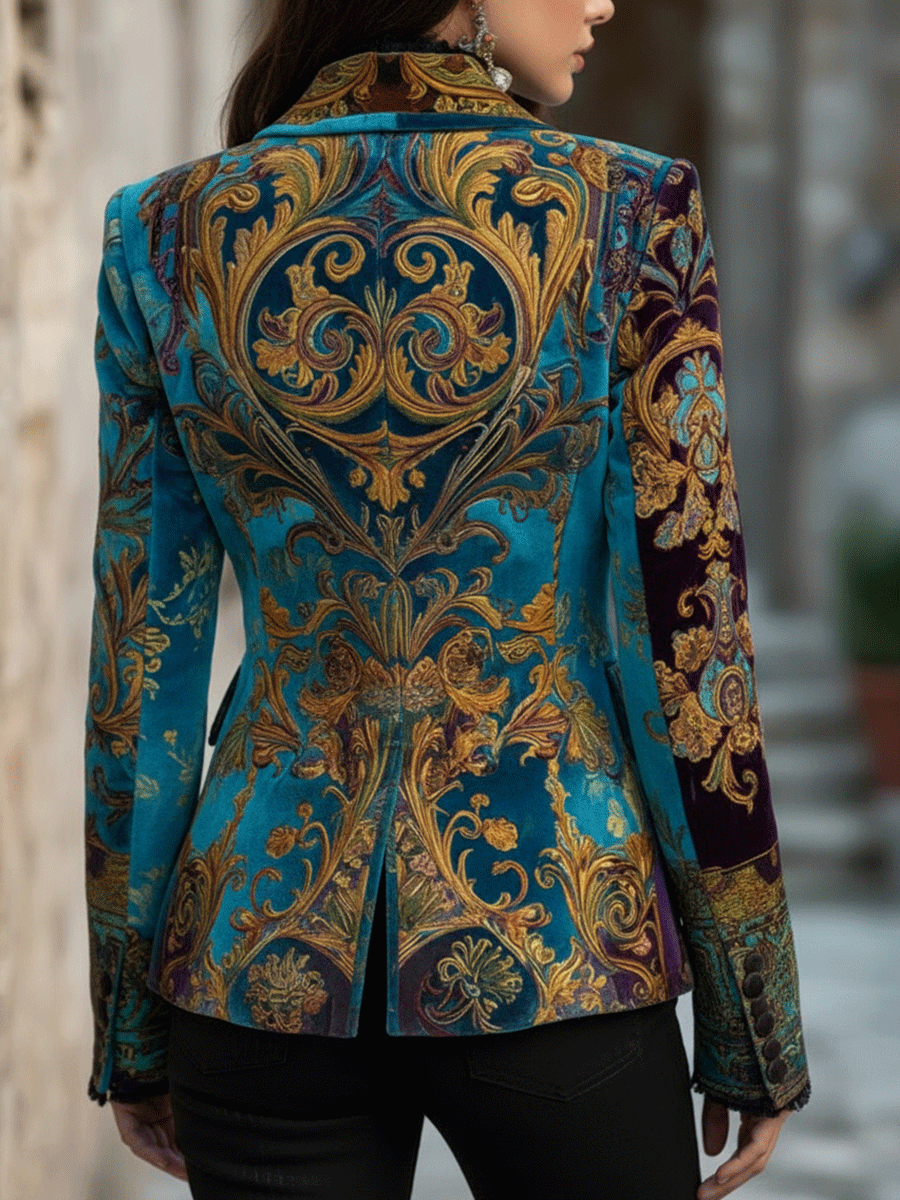 Baroque Print Velvet Single Button Blazer 2