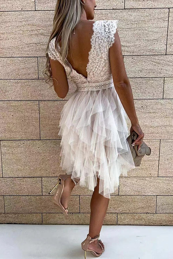 Lace V-Neck Tiered Tulle Fit and Flare Mini Dress - View 7