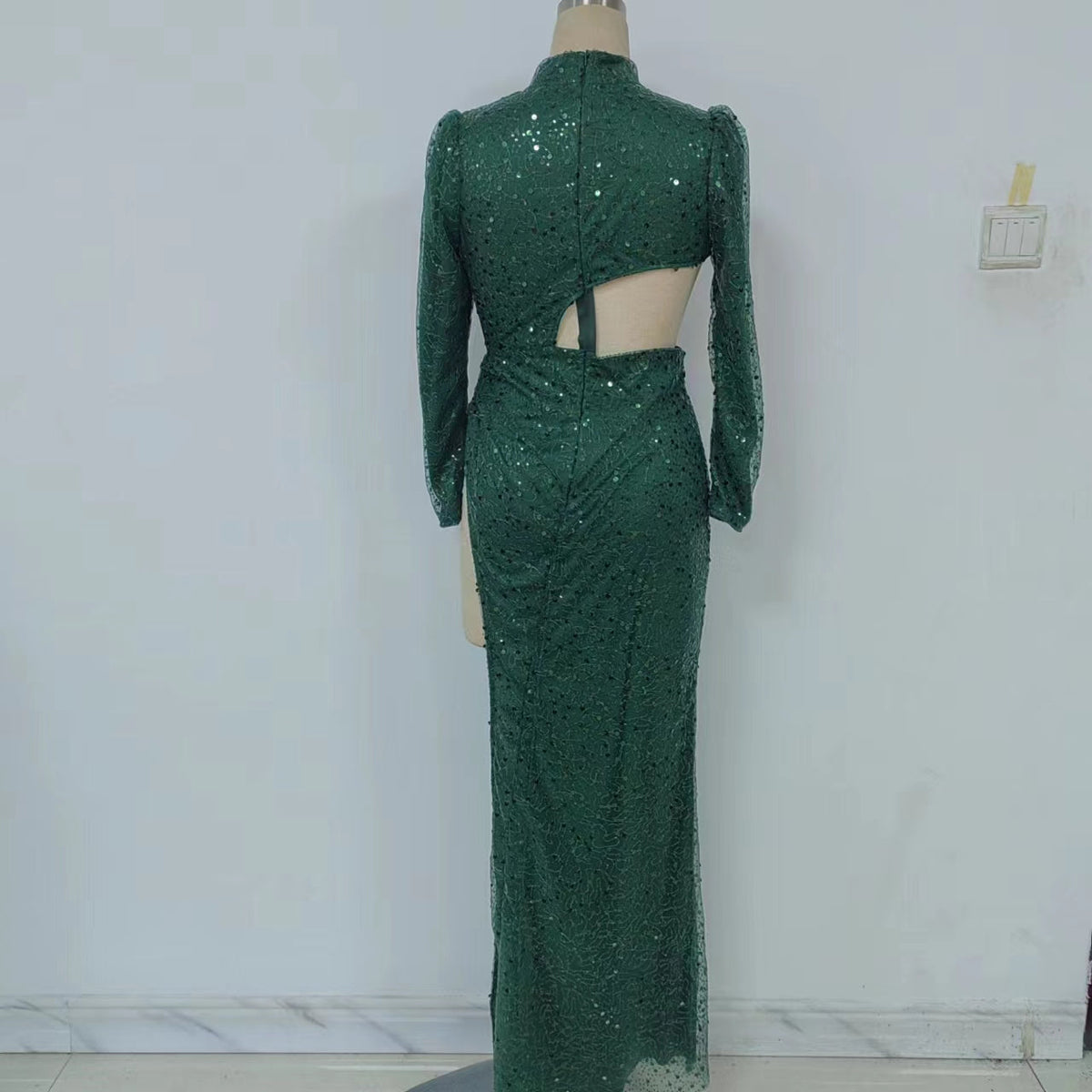 Sequin Mock Neck Long Sleeve Cut Out High Split Maxi Dress - View 6