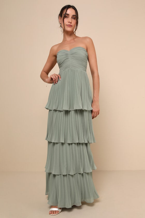 Strapless Sweetheart Ruched Pleated Tiered Maxi Gown 14