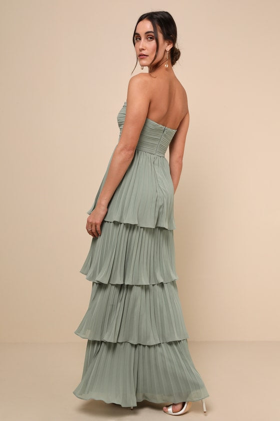 Strapless Sweetheart Ruched Pleated Tiered Maxi Gown 15