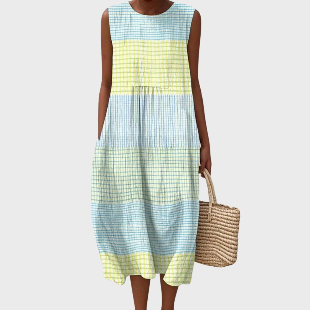 Round Neck Sleeveless Gingham Check Color Block Midi Dress 2