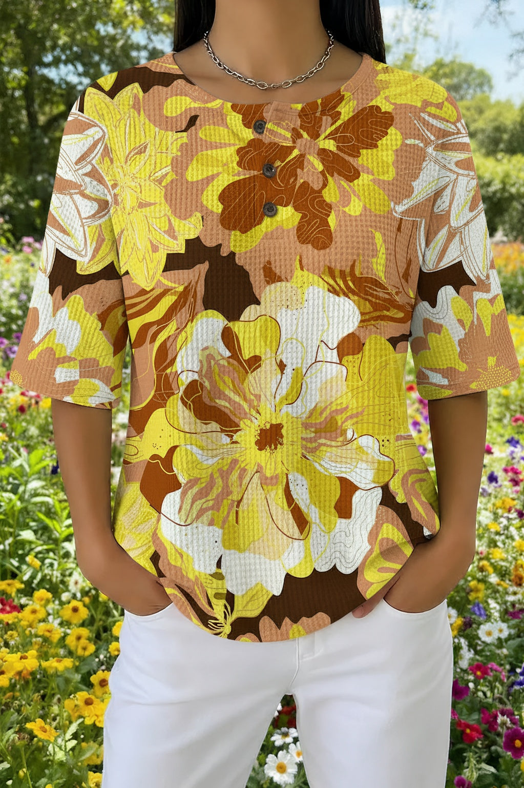 Bold Floral Print Waffle Knit Short Sleeve Henley Top