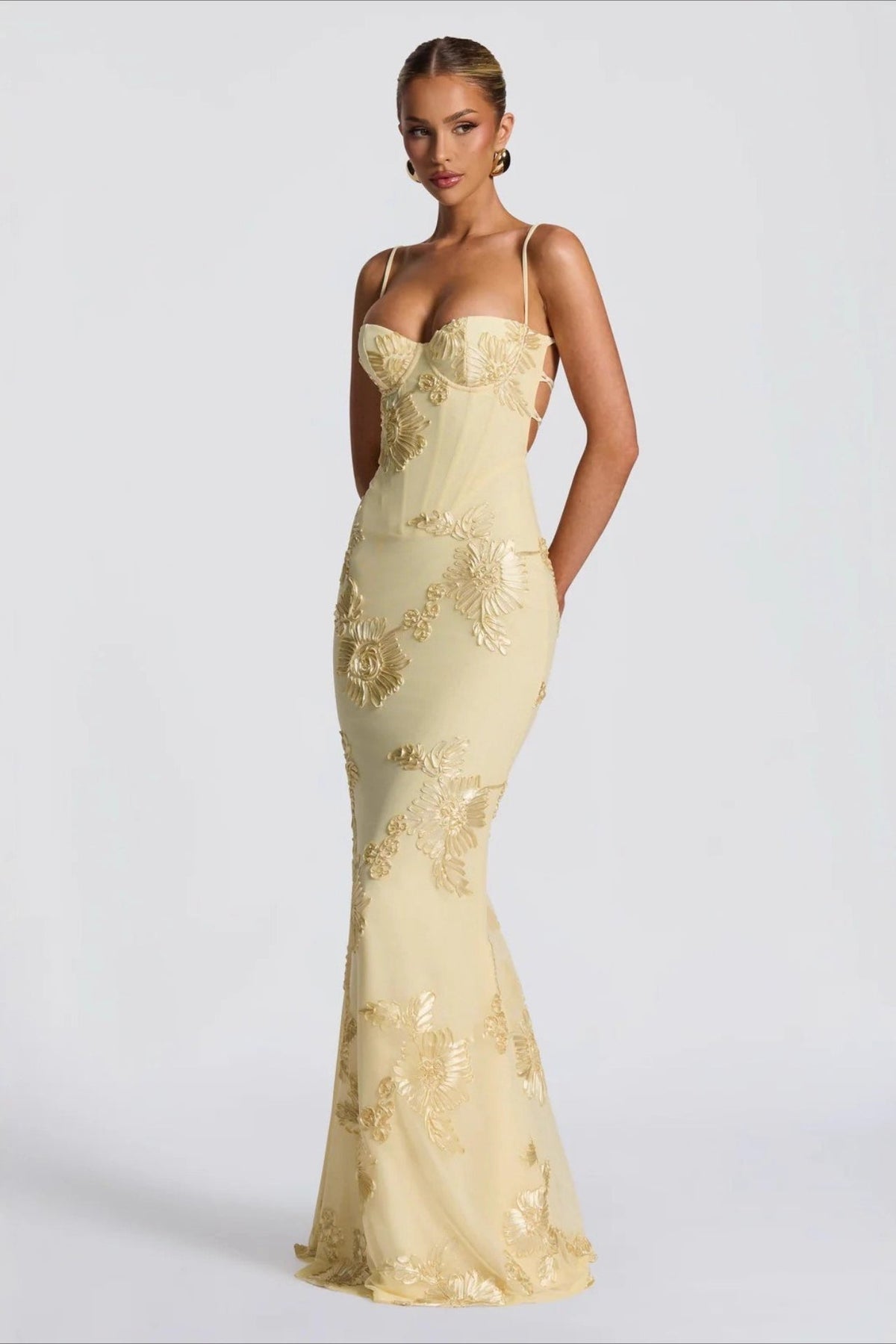 Spaghetti Strap Corset Floral Embroidered Fishtail Maxi Dress