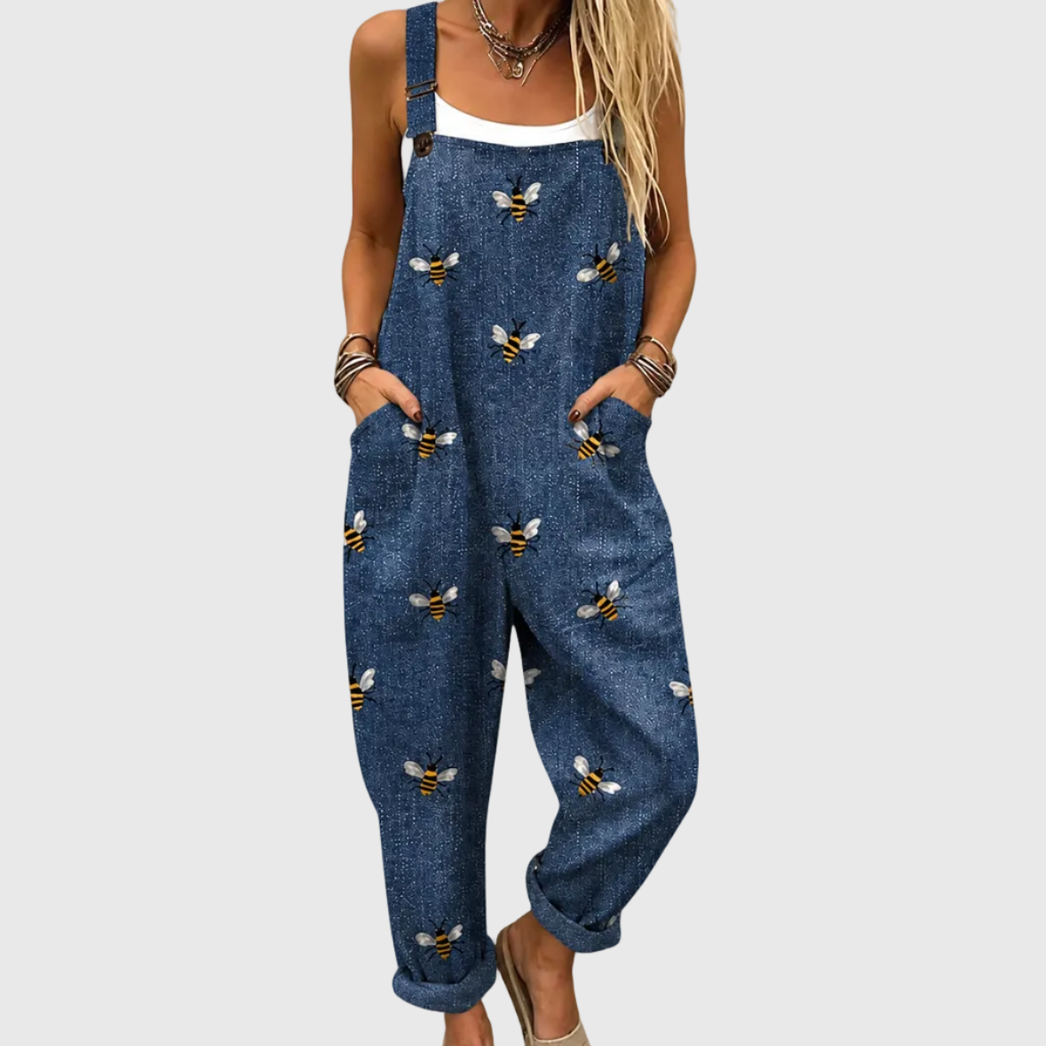 Bee Print Denim Look Pocket Overall Jumpsuit