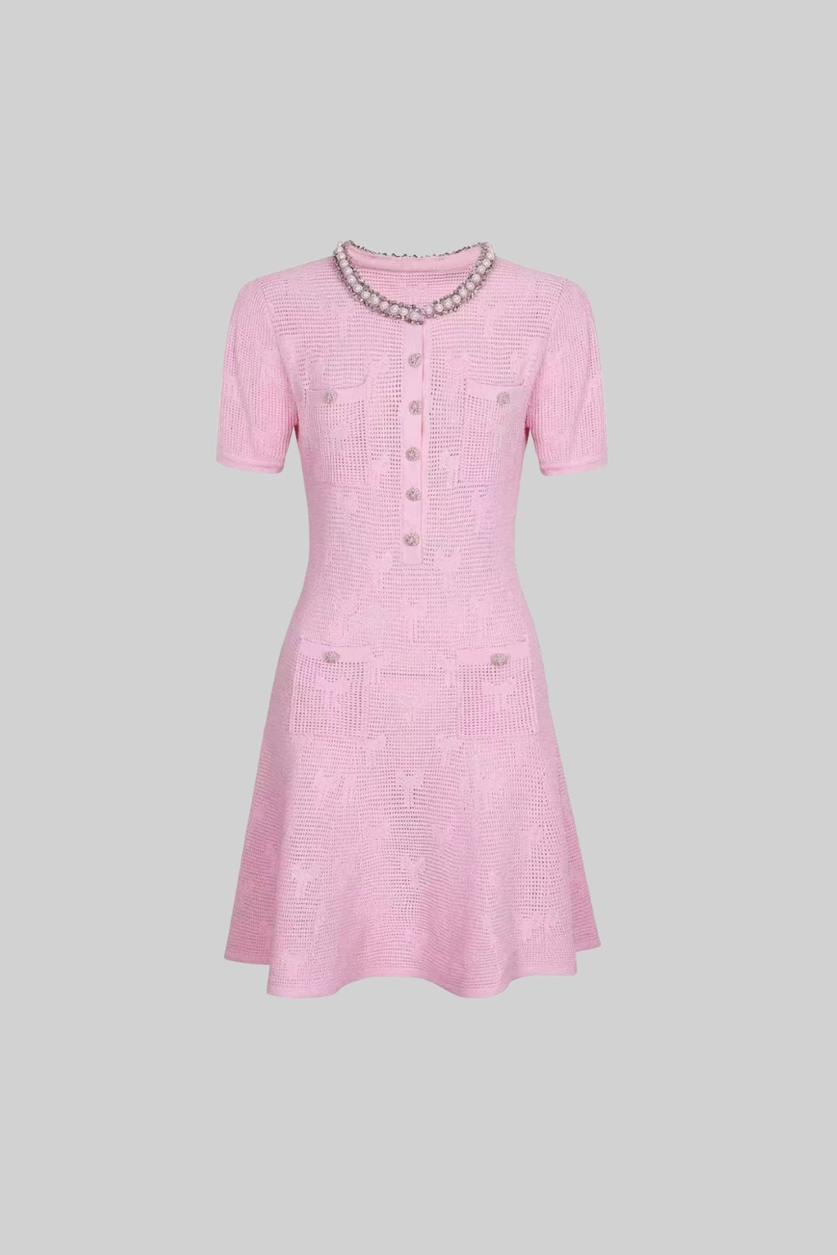 Pointelle Knit Pearl Trim Collar Short Sleeve Mini Dress - View 2