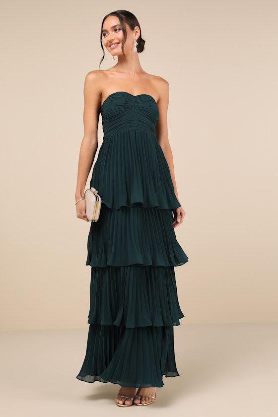 Strapless Sweetheart Ruched Pleated Tiered Maxi Gown 9