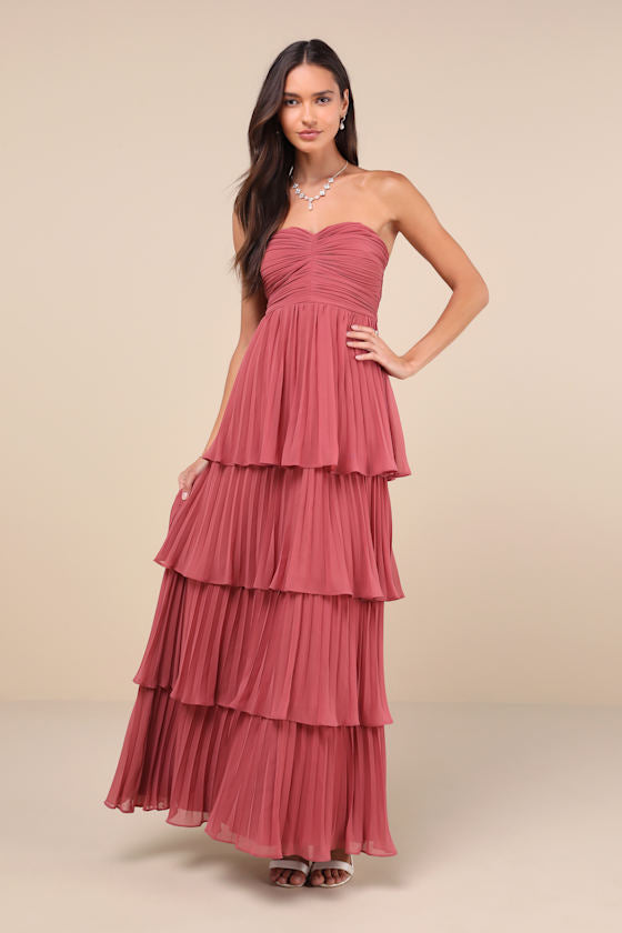 Strapless Sweetheart Ruched Pleated Tiered Maxi Gown 12