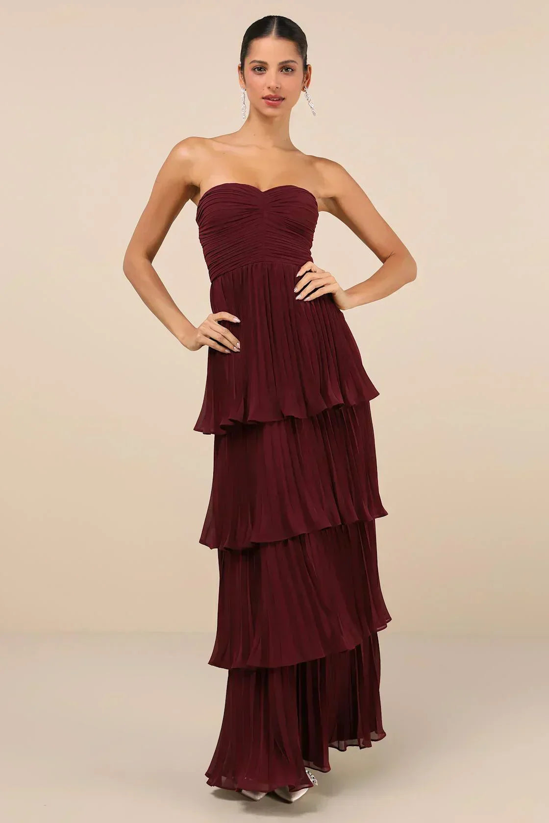 Strapless Sweetheart Ruched Pleated Tiered Maxi Gown