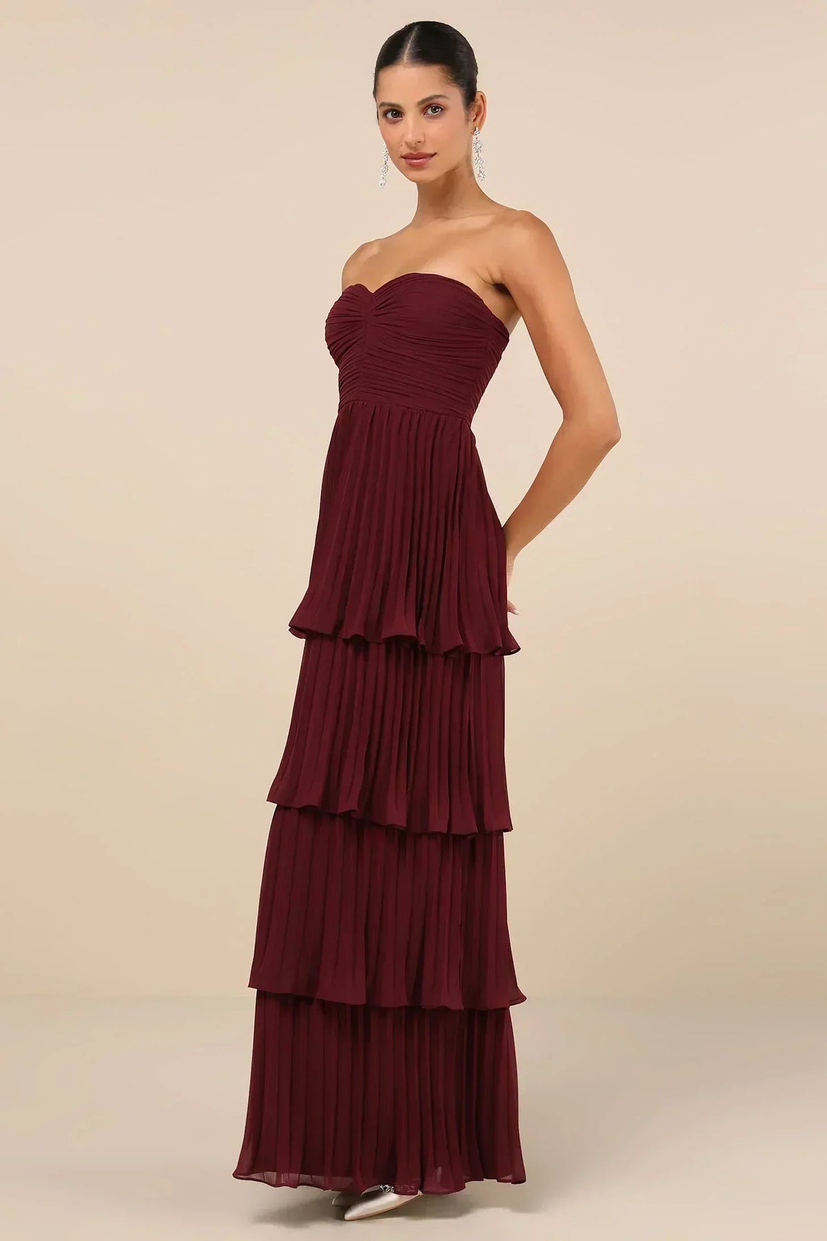 Strapless Sweetheart Ruched Pleated Tiered Maxi Gown 3