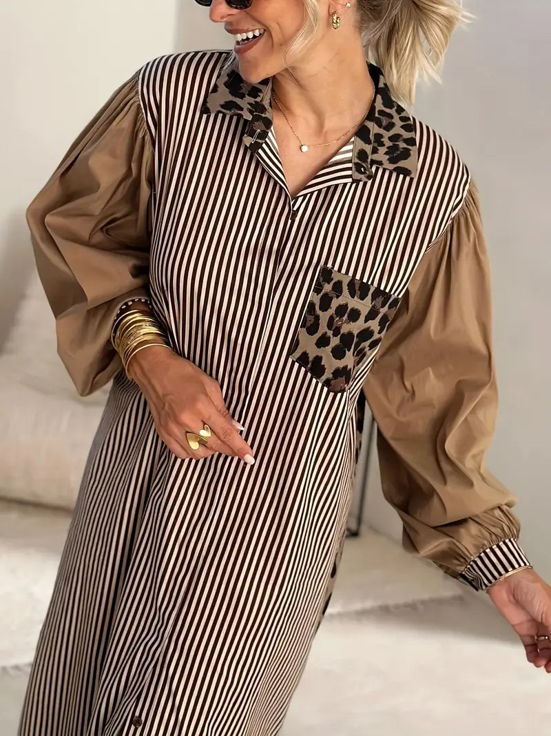 Leopard Print Collar Pocket Bishop Sleeve Pinstripe Midi Shirt Dress
