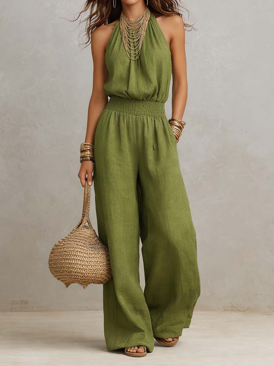 Halter Neck Smocked Waist Wide Leg Jumpsuit 4