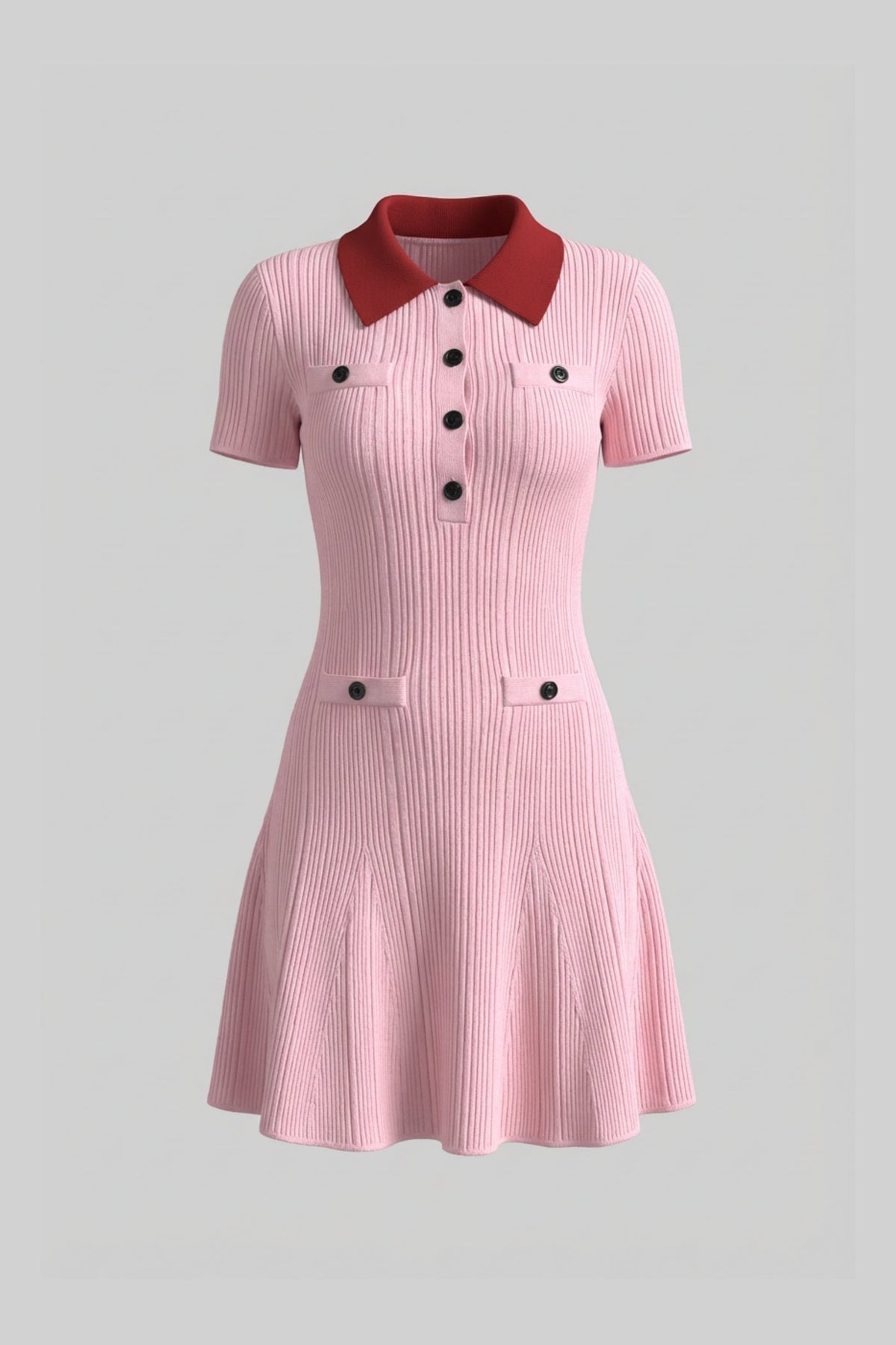 Ribbed Knit Contrast Collar Short Sleeve Button Front Mini Dress - View 2