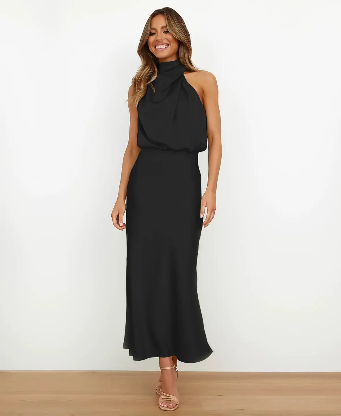 Satin Halter Neck Draped Cowl Bias Midi Dress 3