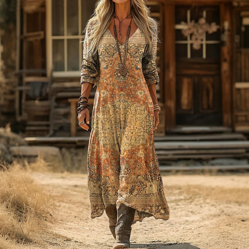 V-Neck Long Sleeve Bohemian Tapestry Print Maxi Dress