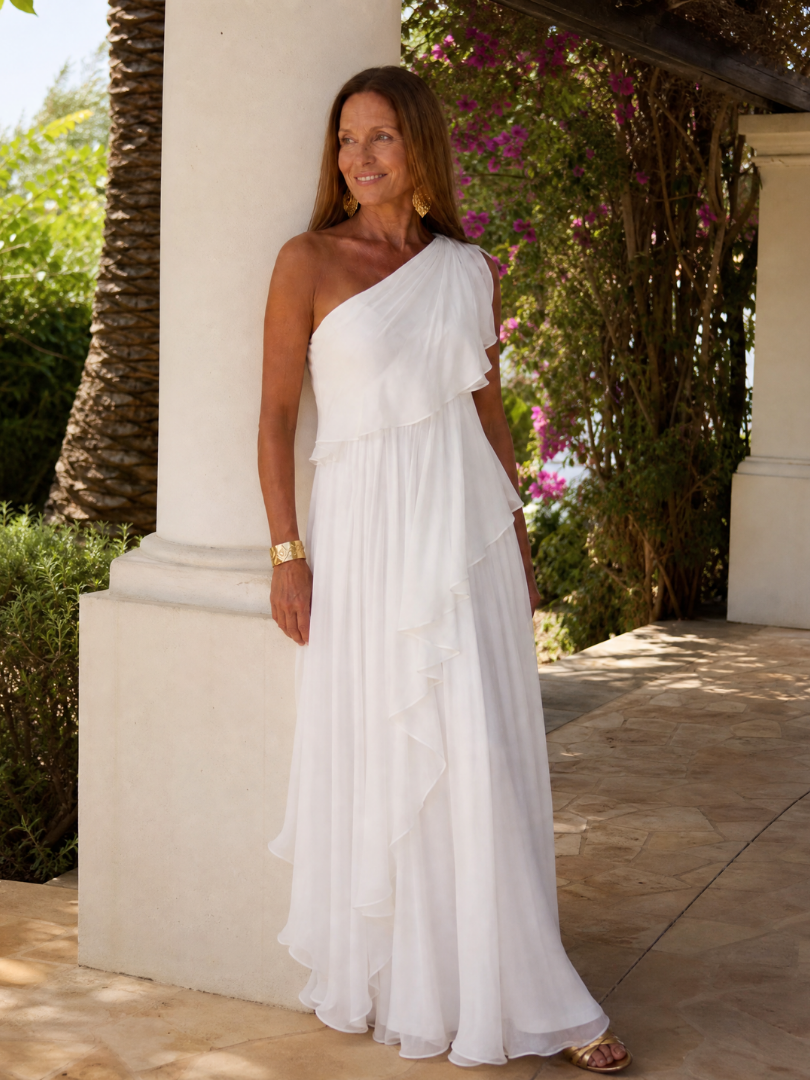 One Shoulder Ruffle Tiered Chiffon Maxi Gown 10