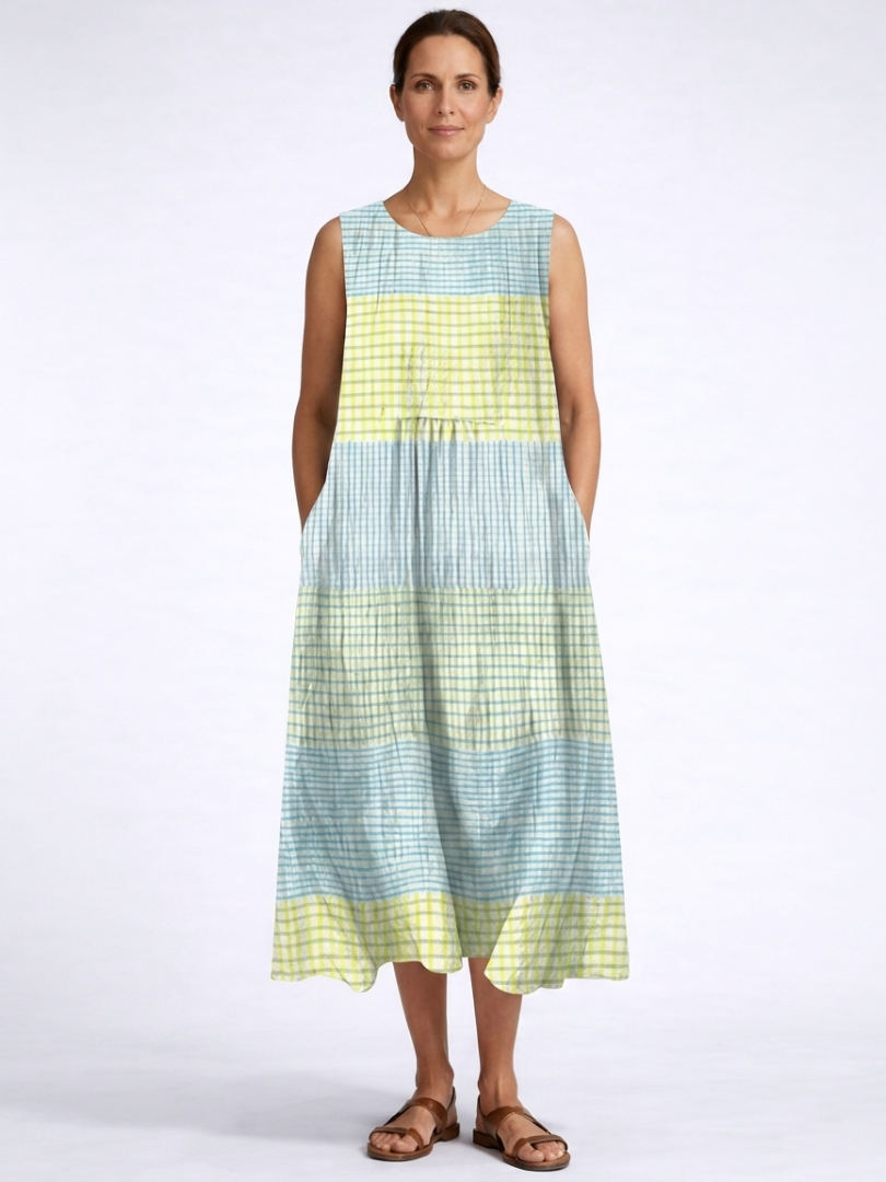 Round Neck Sleeveless Gingham Check Color Block Midi Dress