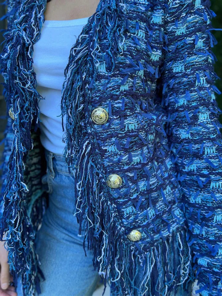 Fringe Trim Gold Button Tweed Jacket 9