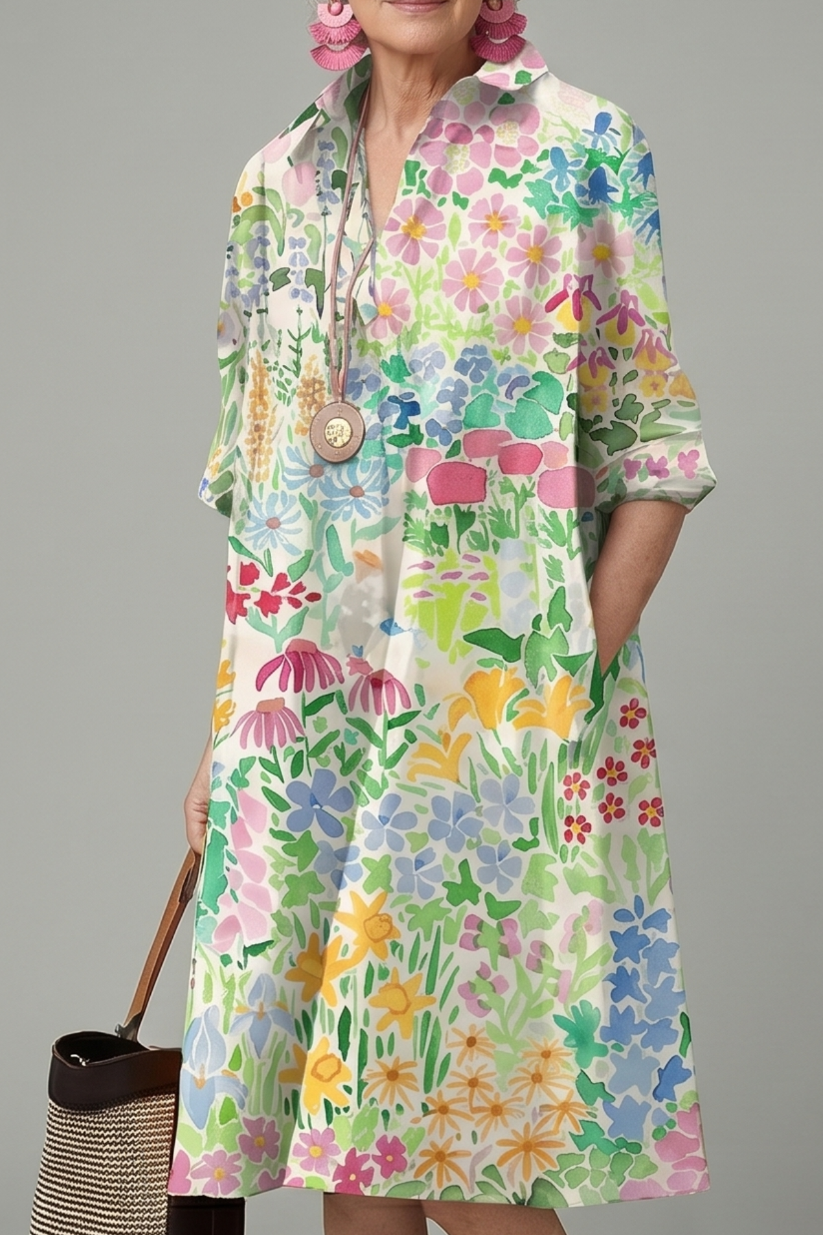 Floral Print Collared Half Sleeve Loose Midi Shirt Dress 2