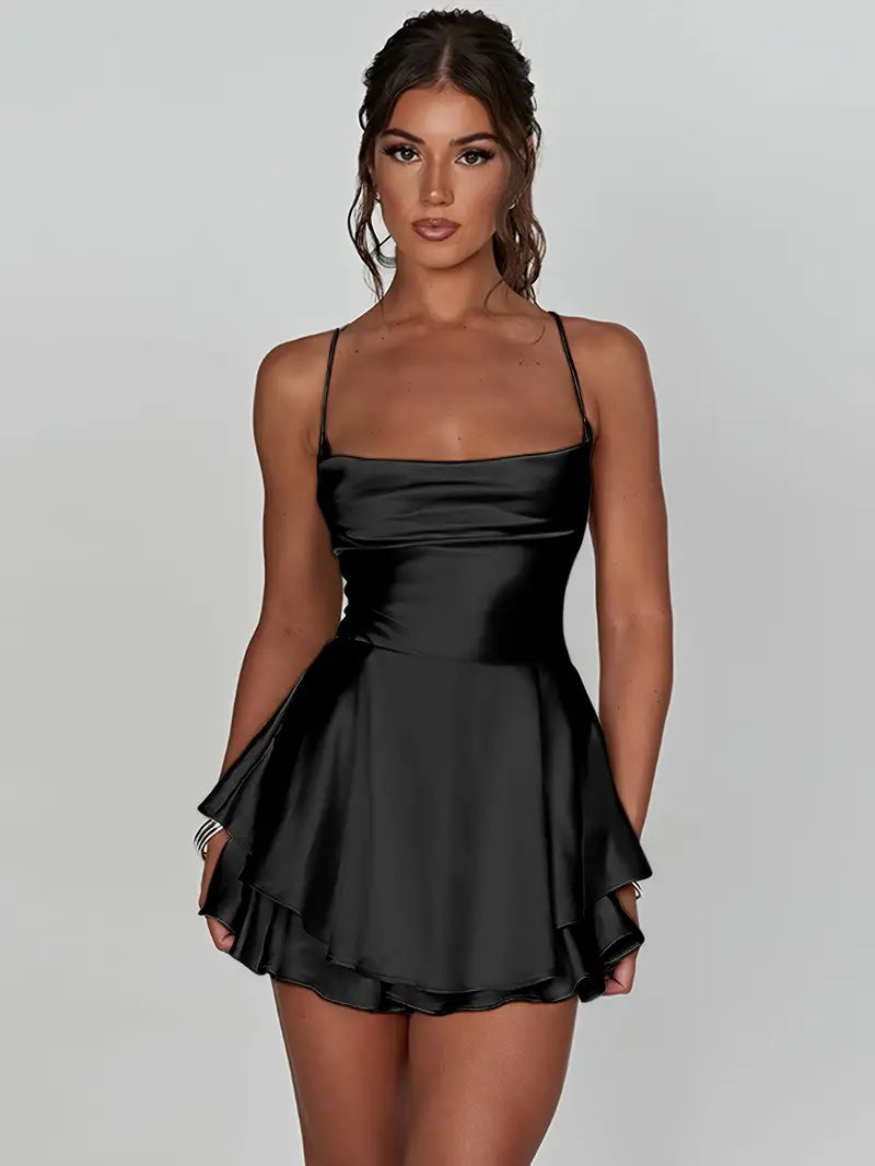 Satin Spaghetti Strap Tiered Ruffle Fit and Flare Mini Cocktail Dress - View 13