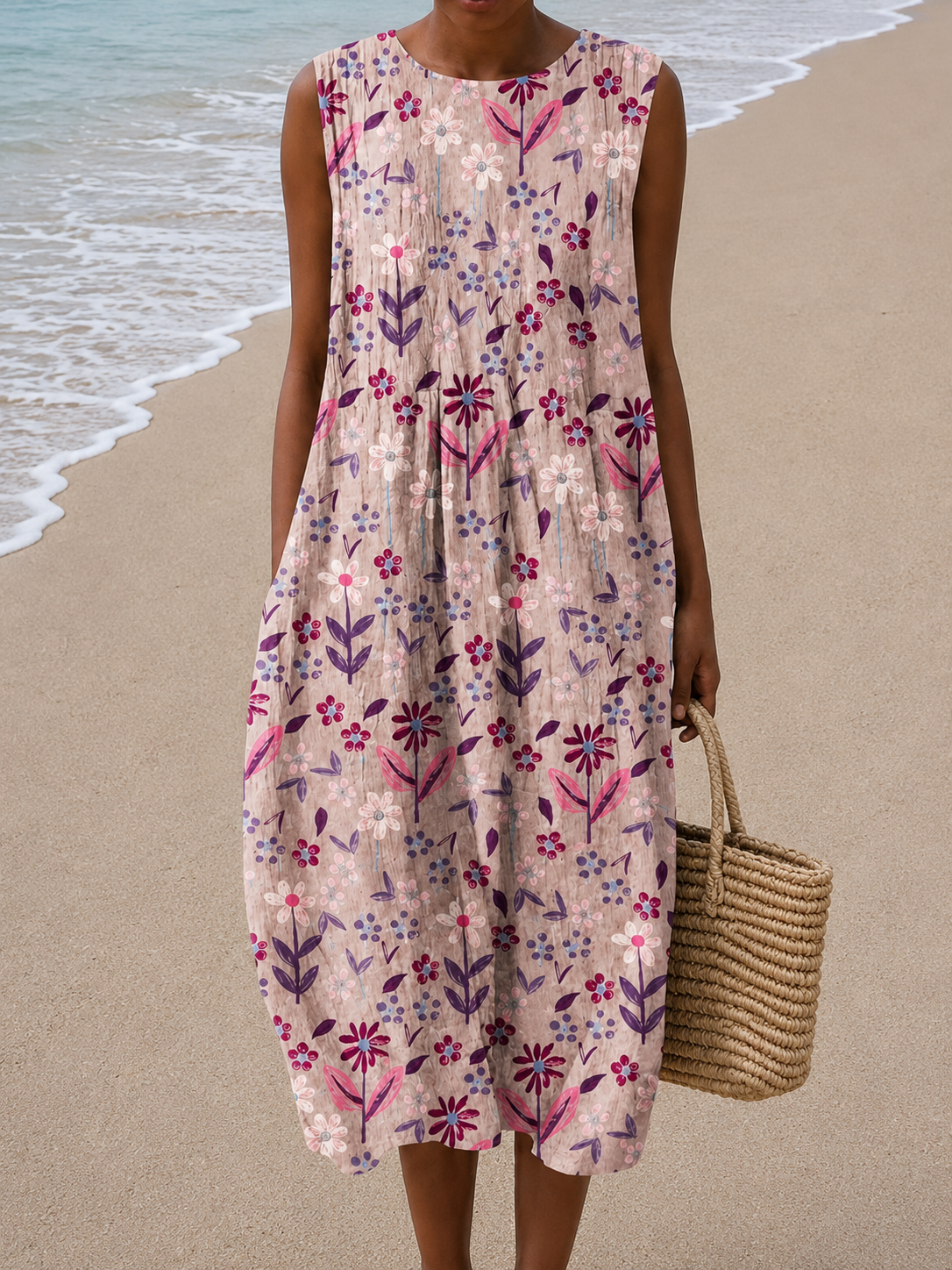 Ditsy Floral Crew Neck Sleeveless Pocket Midi Dress