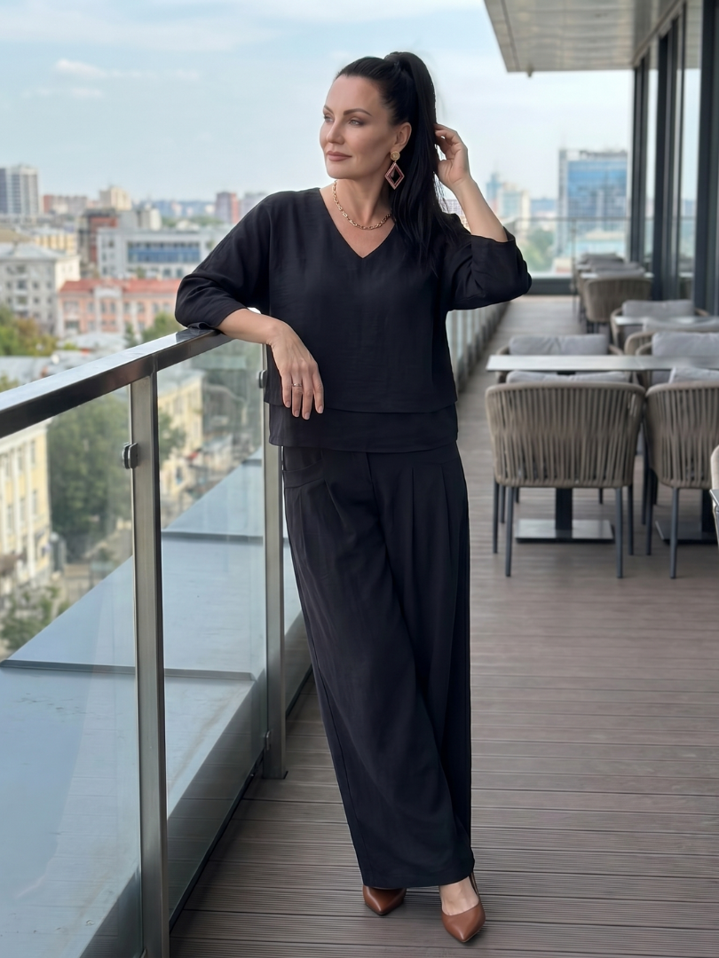 V-Neck Layered Top and Wide Leg Pants Two Piece Set 13