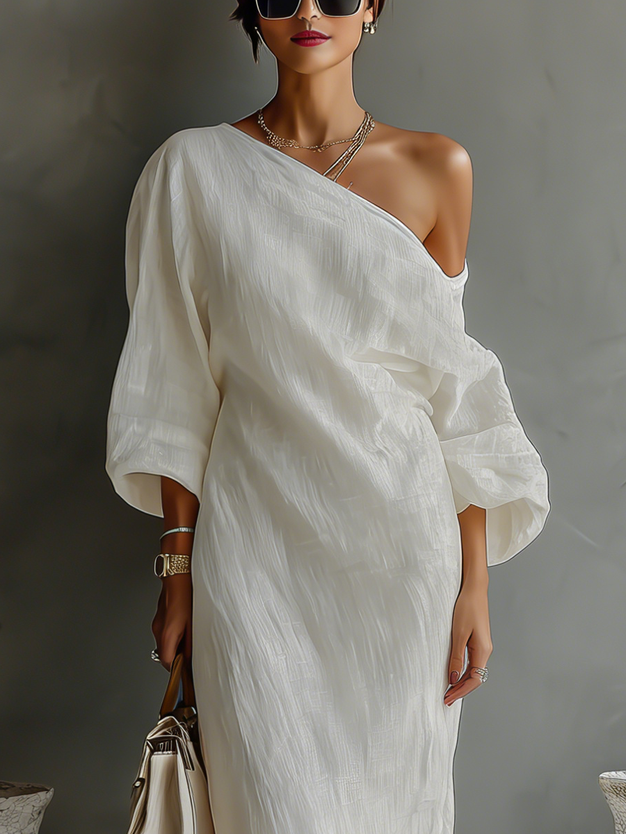 Off Shoulder Batwing Sleeve Crinkle Maxi Dress 5