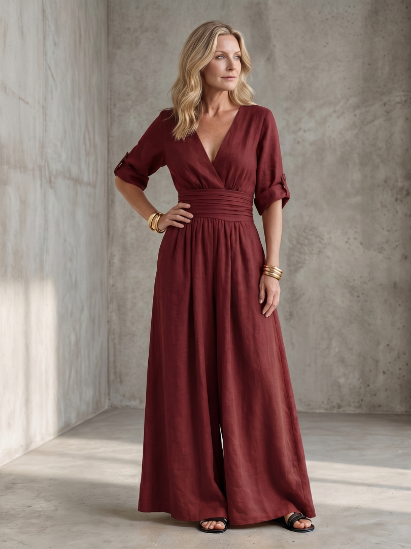V-Neck Wrap Front Half Sleeve Wide Leg Jumpsuit 8