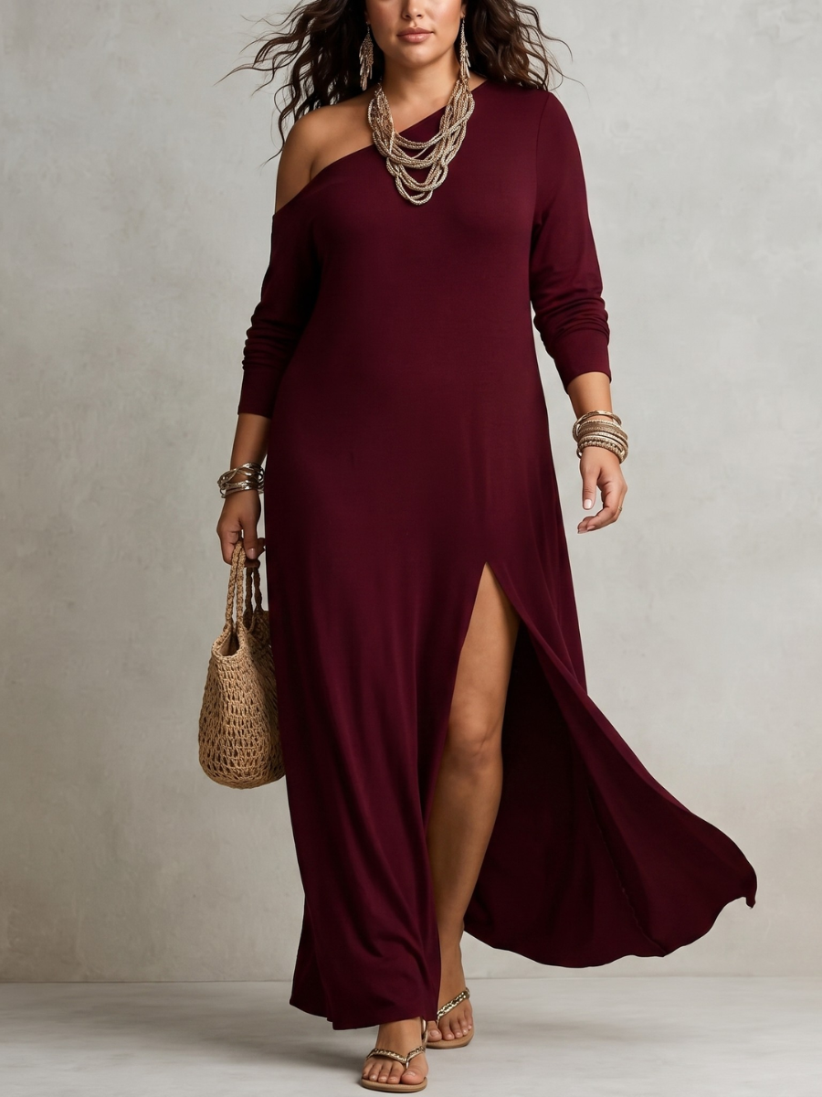 One Shoulder Long Sleeve Ribbed Knit High Split Maxi Dress 10