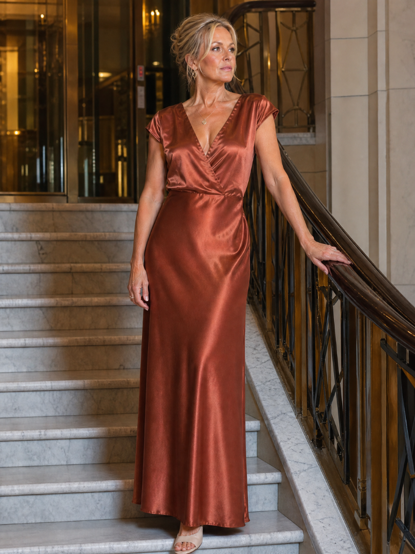 Satin Surplice V-Neck Cap Sleeve Maxi Gown 11