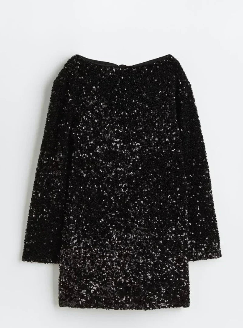 Sequin Boat Neck Long Sleeve Bell Cuff A-Line Mini Cocktail Dress - View 10