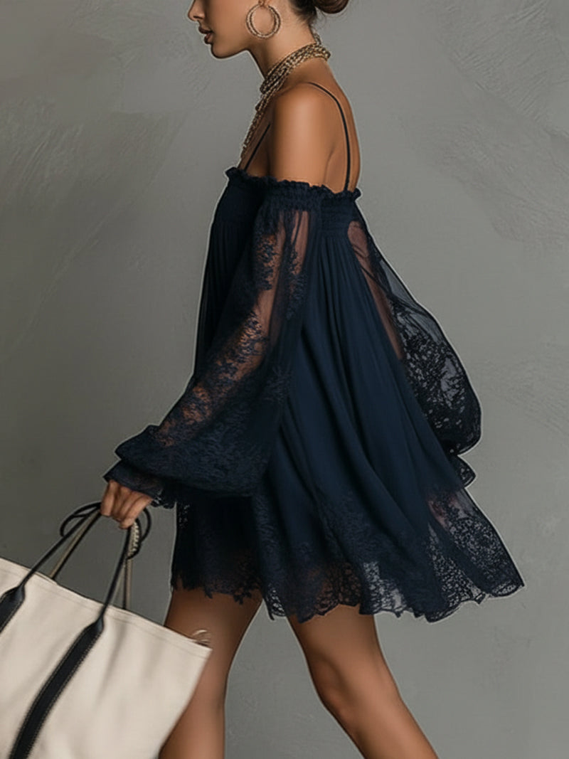 Off Shoulder Sheer Lace Balloon Sleeve Smocked Mini Dress 6