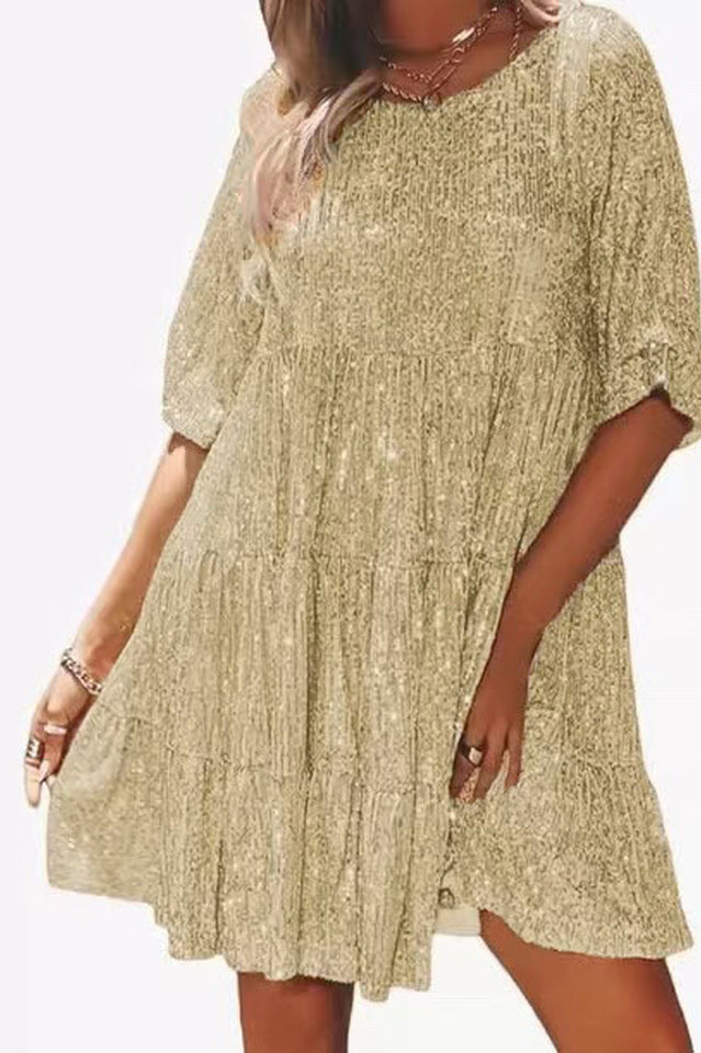 Sequin Tiered Ruffle Crew Neck Short Sleeve Smock Mini Party Dress - View 10