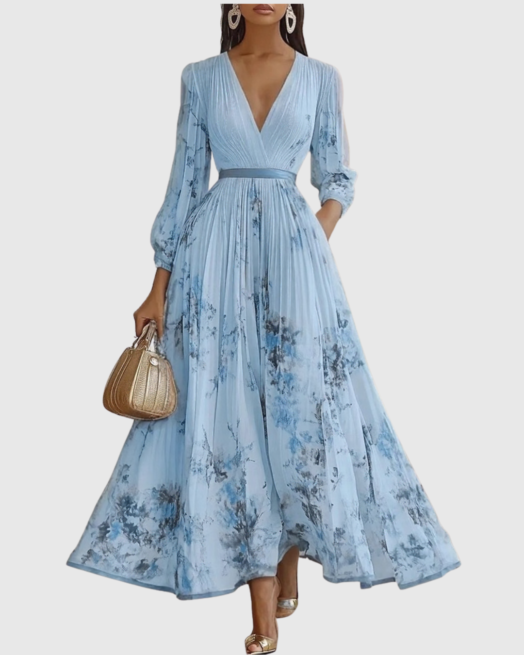 V-Neck Sleeveless Belted Floral Pleated Maxi Dress 8