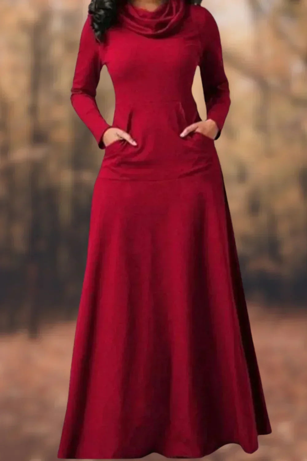 Knit Cowl Neck Long Sleeve Kangaroo Pocket Maxi Dress - View 6