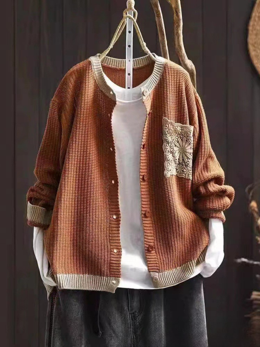 Crochet Pocket Round Neck Button Front Waffle Knit Cardigan 4
