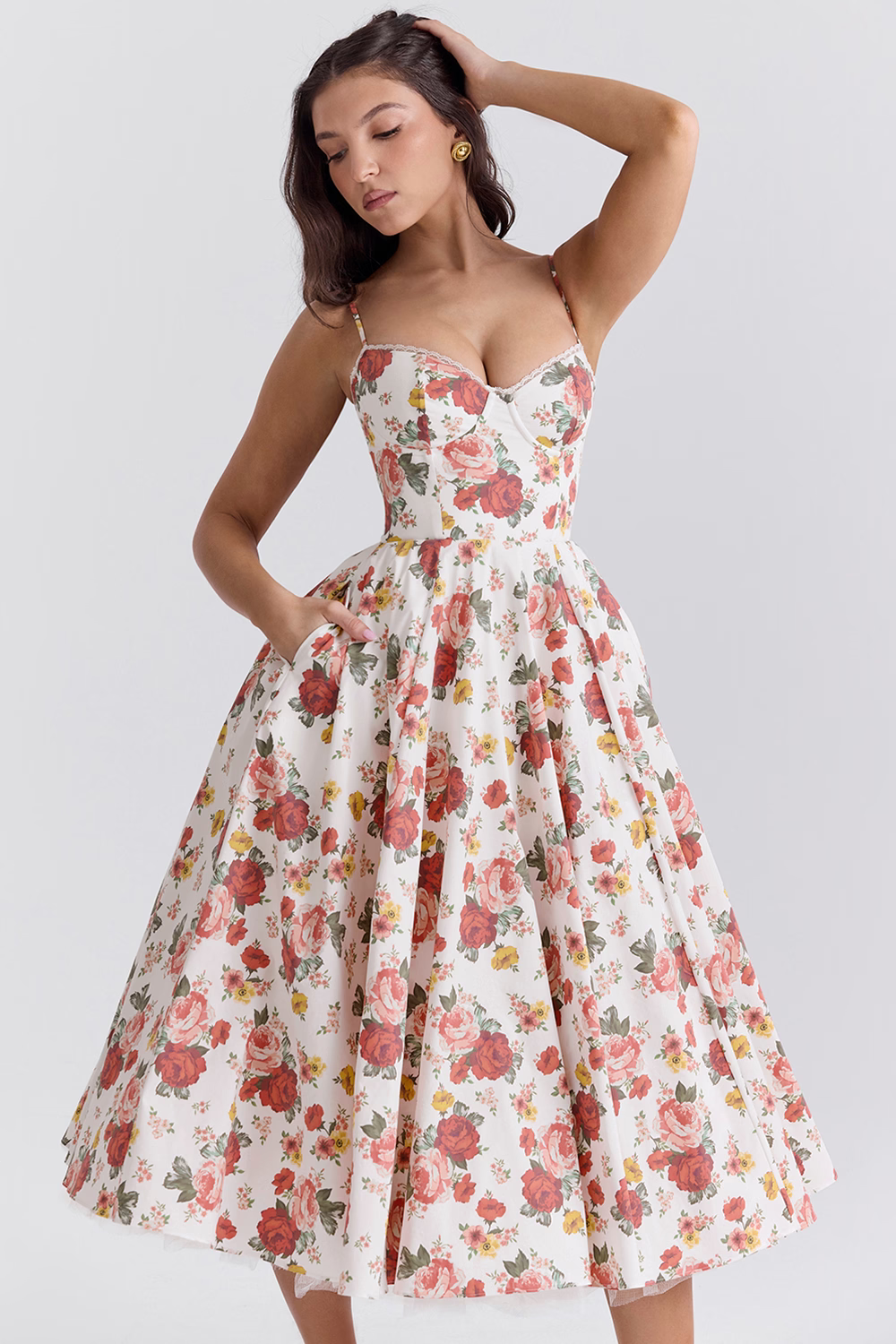 Satin Bustier Sweetheart Lace Trim Pleated Fit and Flare Midi Dress - View 14