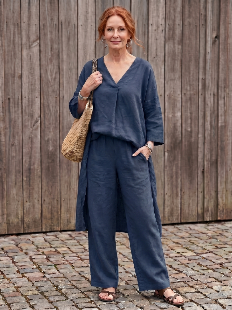 V-Neck Tunic Top and Wide Leg Pants Two Piece Set 8