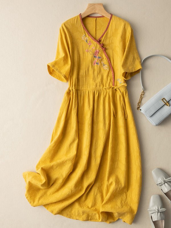 Floral Embroidery Frog Button Crossover V-Neck Tie Waist Midi Dress - View 3