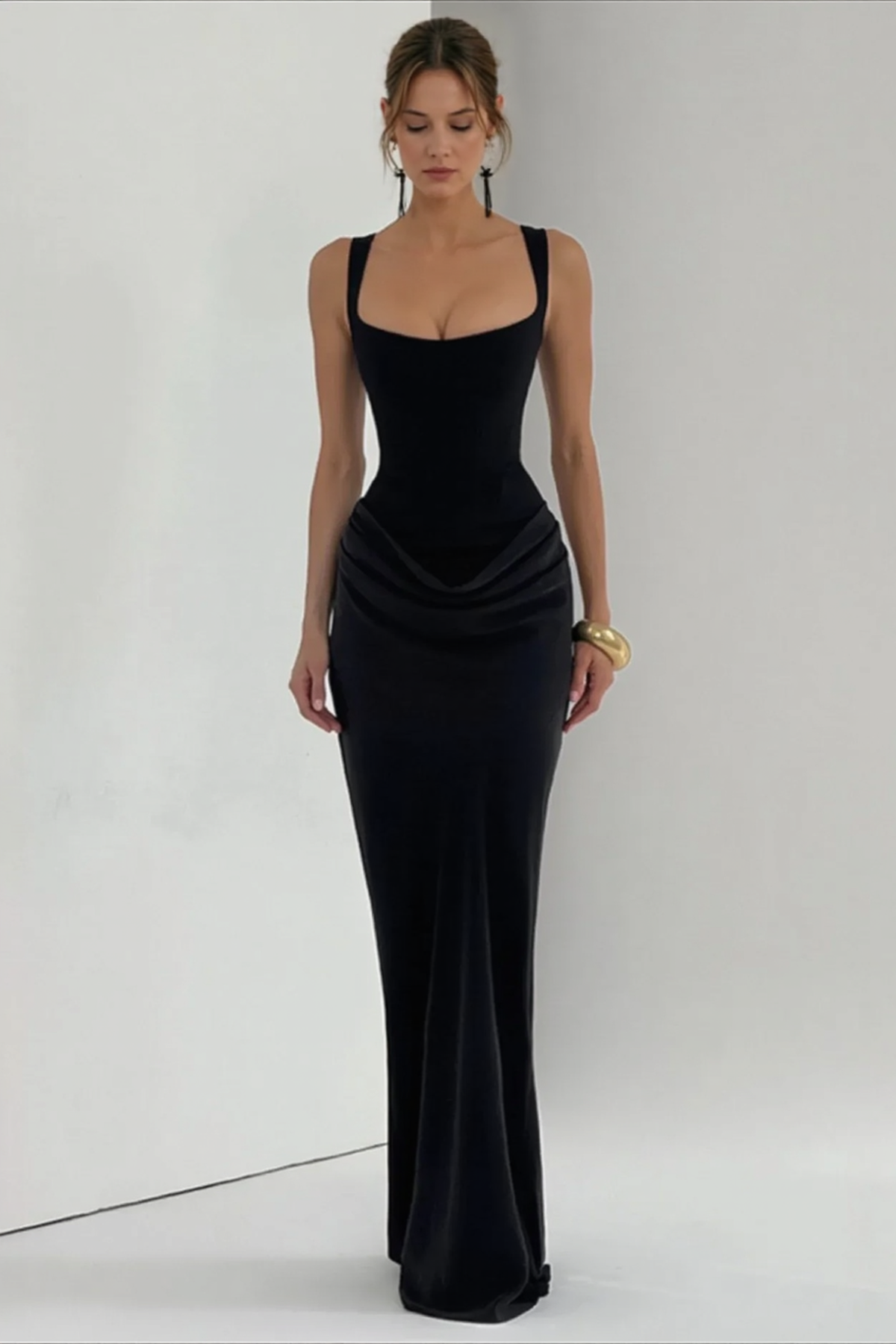 Square Neck Corset Ruched Draped Bodycon Maxi Dress - View 7