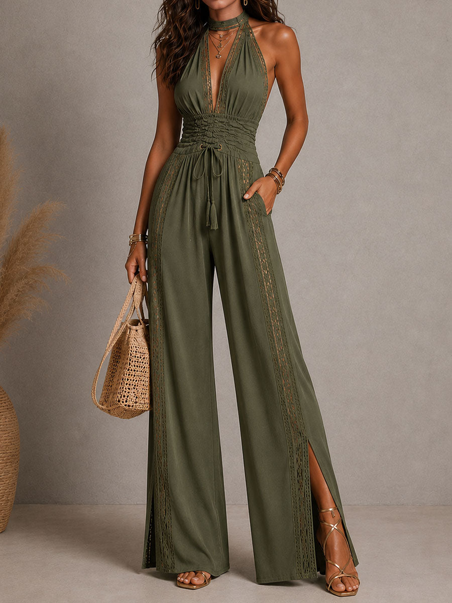 Halter Neck Deep V-Neck Lace Trim High Split Wide Leg Jumpsuit 8
