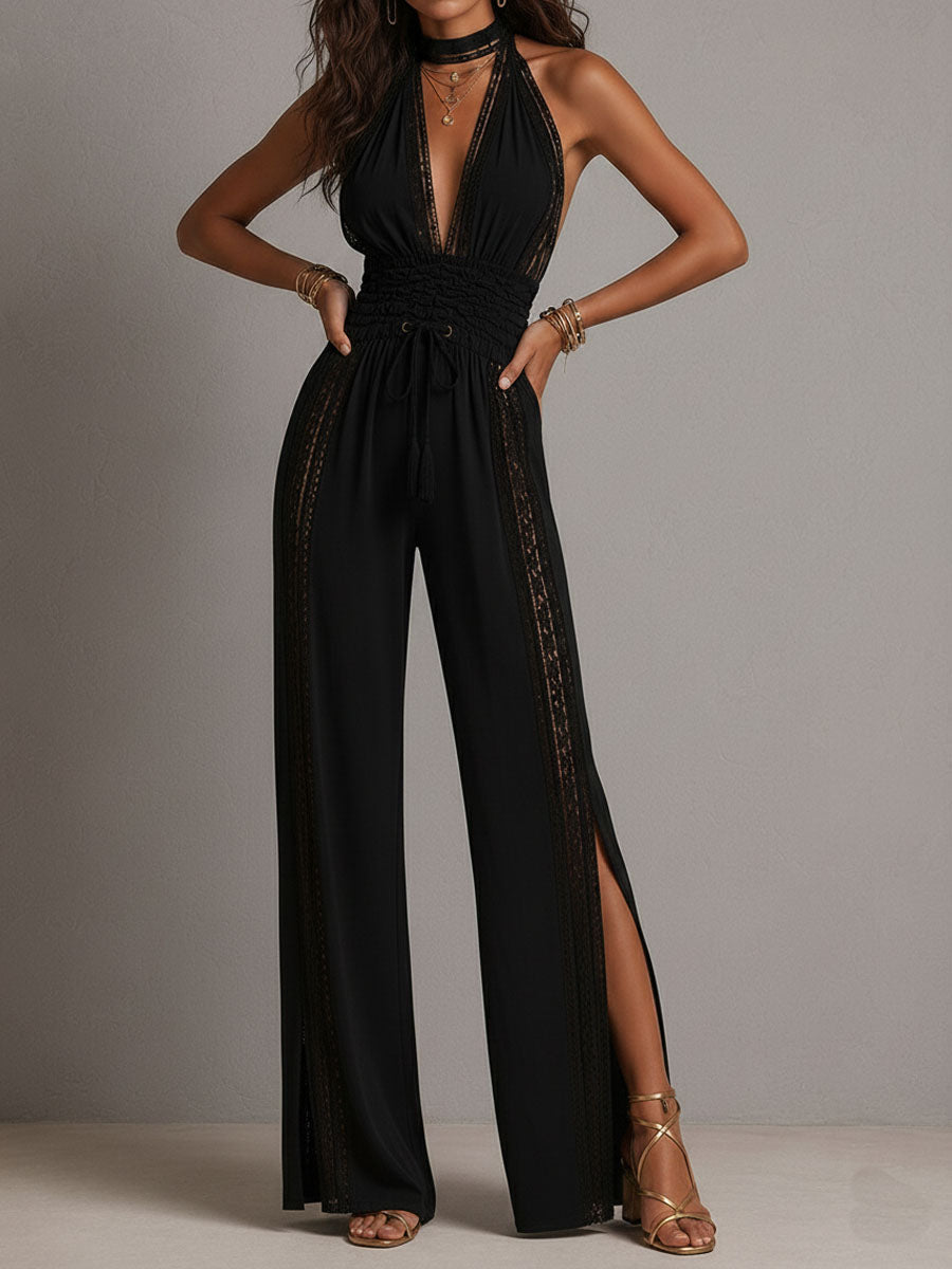 Halter Neck Deep V-Neck Lace Trim High Split Wide Leg Jumpsuit 3