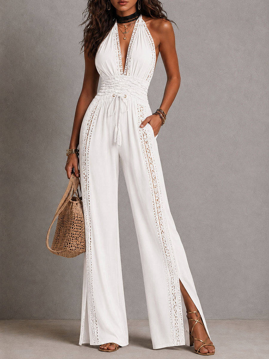 Halter Neck Deep V-Neck Lace Trim High Split Wide Leg Jumpsuit 10