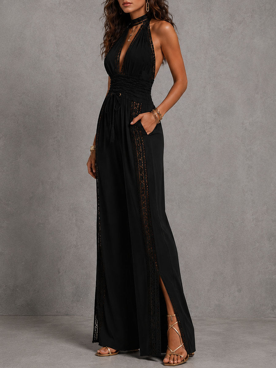 Halter Neck Deep V-Neck Lace Trim High Split Wide Leg Jumpsuit 7