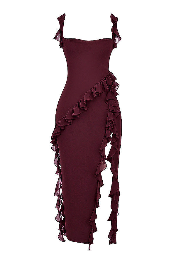 Chiffon Square Neck Ruffle Strap High Split Maxi Gown - View 18